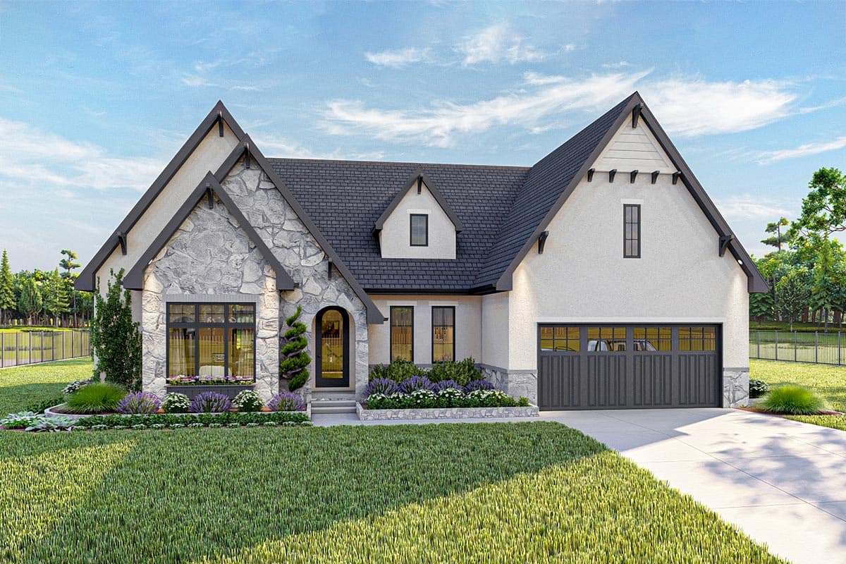 House plan exterior featuring a two-story design in a Tudor style with stone facade accents. Includes gabled rooflines, dormers, and a two-car garage.