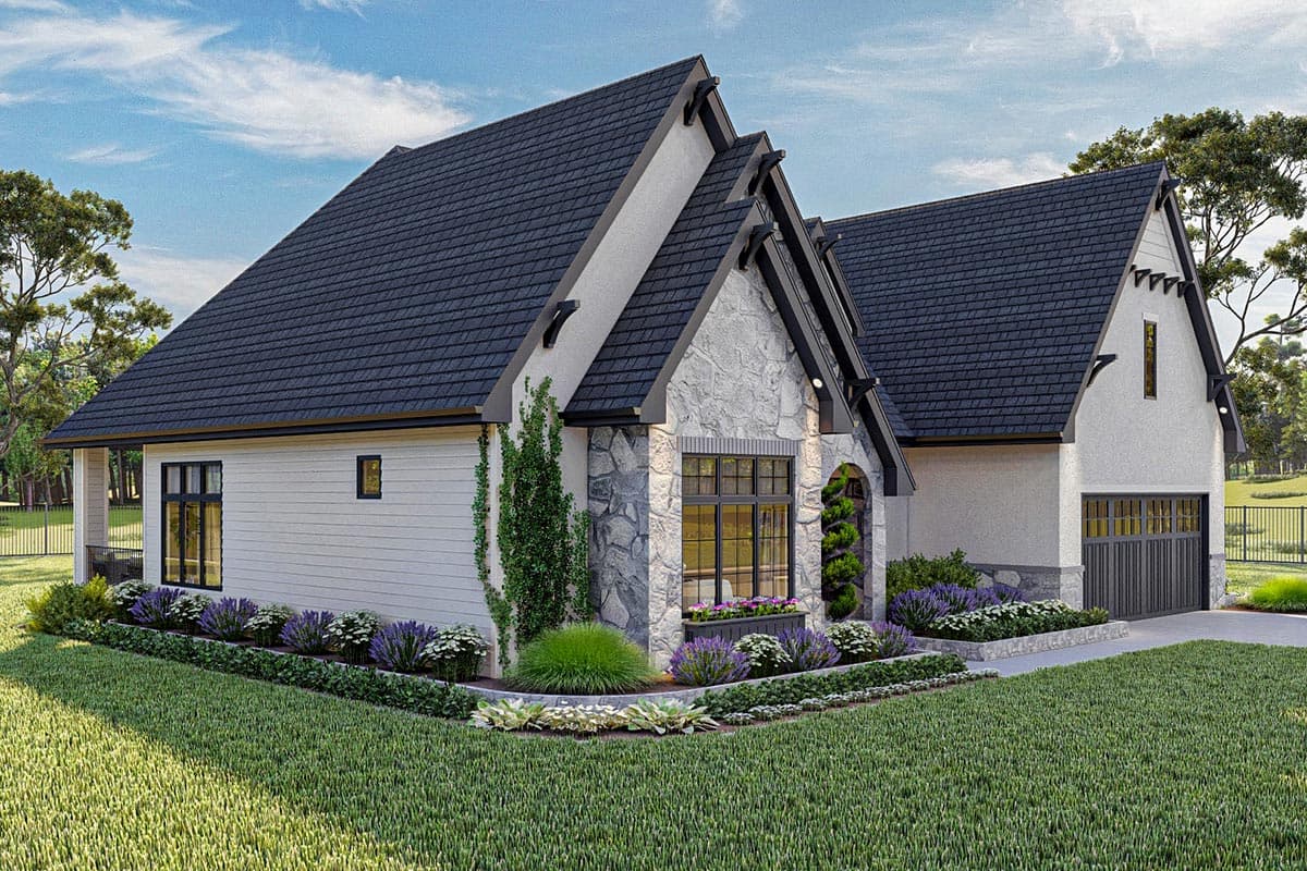 House plan exterior: Modern European style with stone accents, dark gables, large picture window, and attached garage.