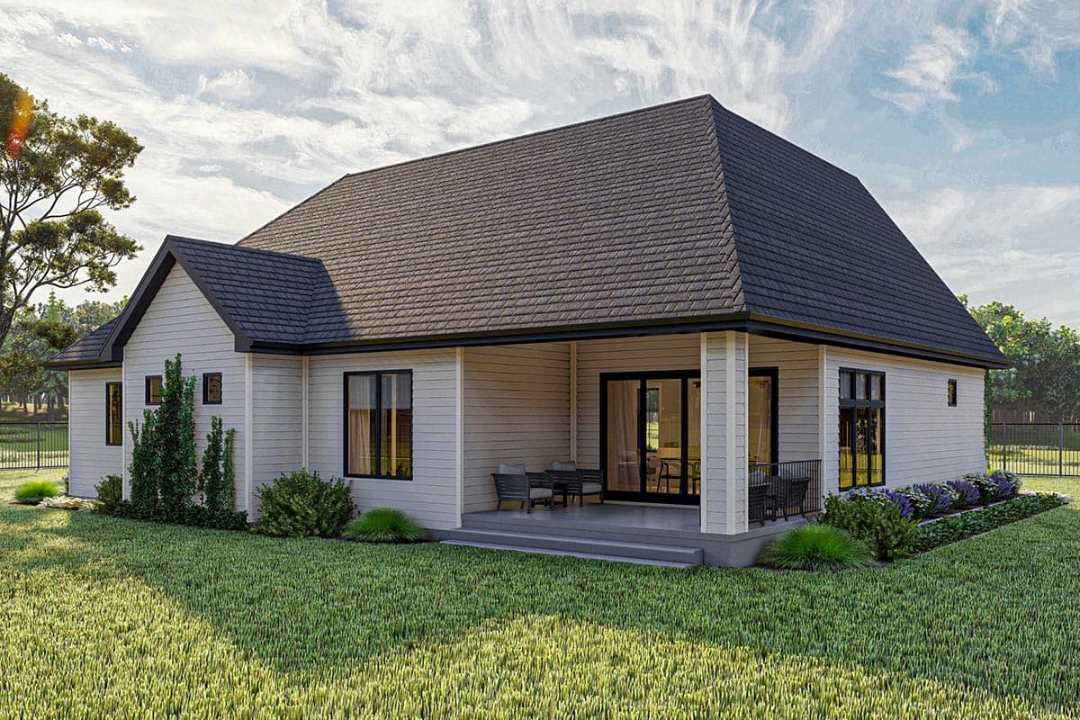 House plan exterior: single-story Modern Farmhouse with gabled roof, covered porch, and horizontal siding.