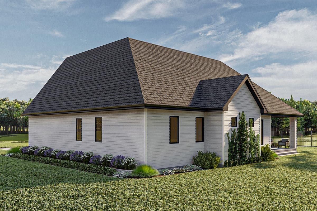 House plan exterior with a hip roof, gabled entrance, horizontal siding, and covered porch.