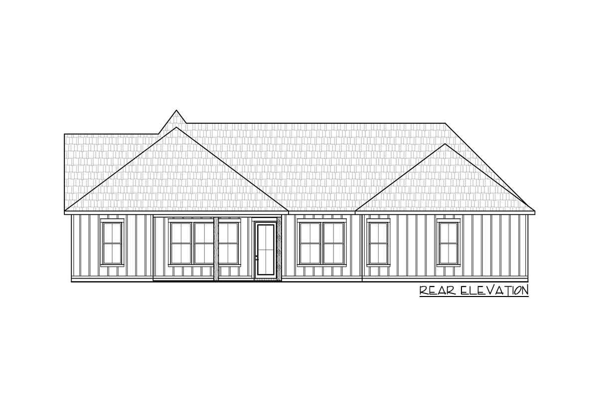Rear elevation drawing of a single-story house plan with multiple gables, a central door, and several windows.