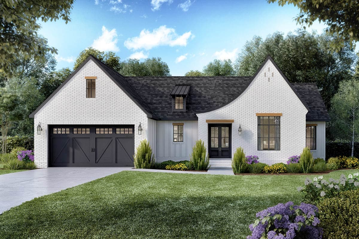 House plan exterior: Single-story Modern Farmhouse with white brick, dual garage doors, gabled rooflines, and dormer.