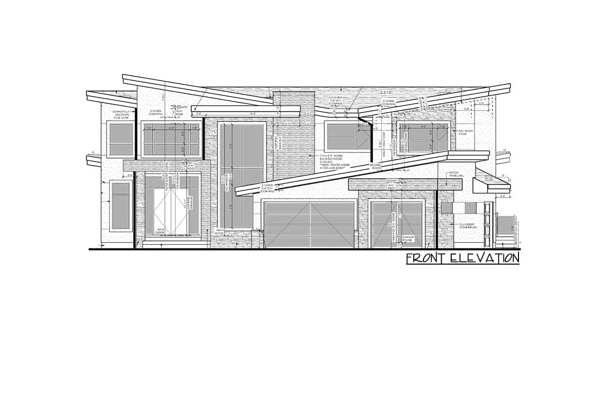 Front elevation house plan: modern style, two stories, asymmetric roof, stone, wood paneling, large windows, double garage.