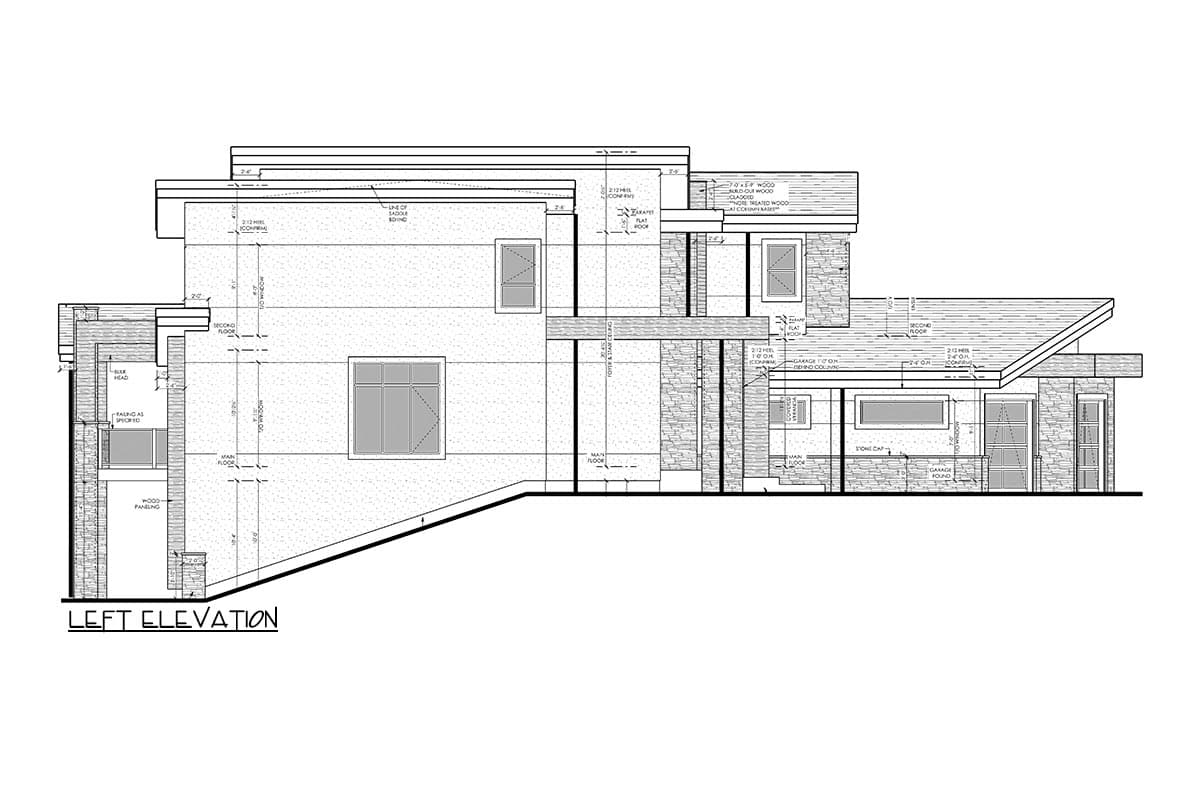 Left elevation drawing of a multi-story house plan with modern rooflines, stone veneer, and varied window designs.