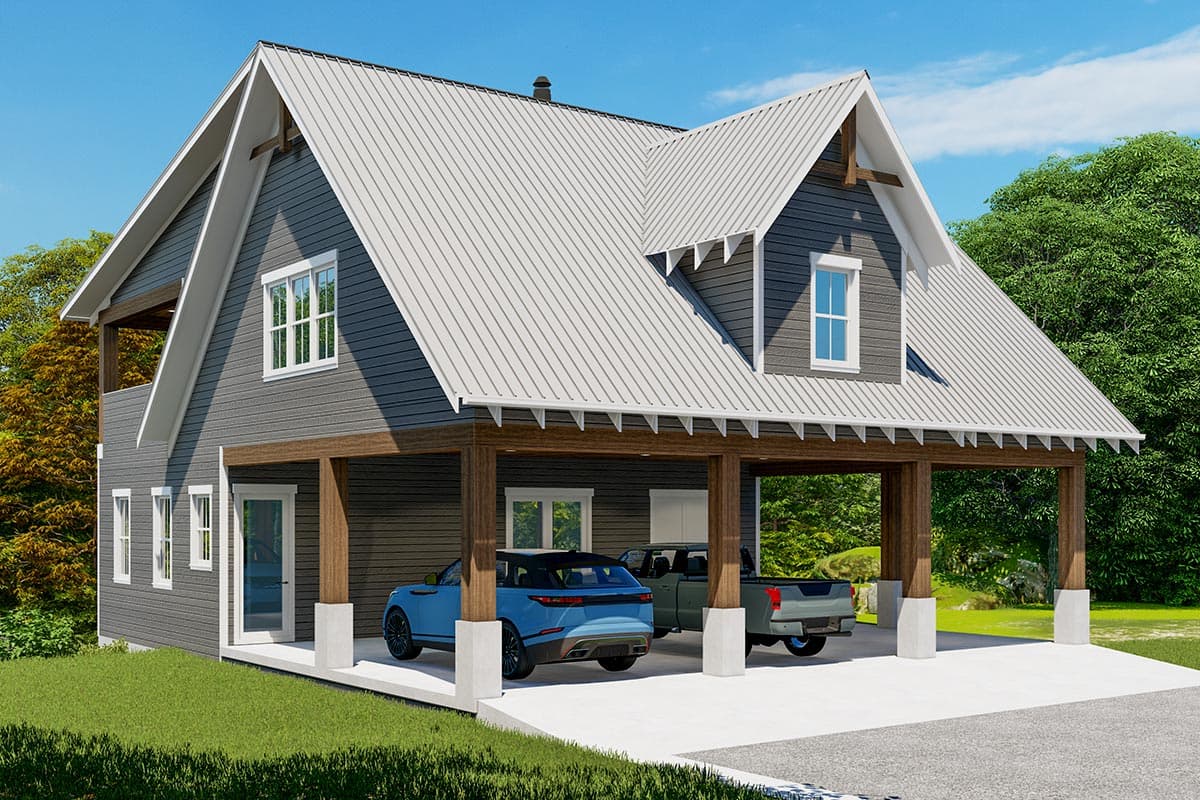 House plan exterior with metal roof, open carport, and gable rooflines. Features include dormers and exposed structural beams.