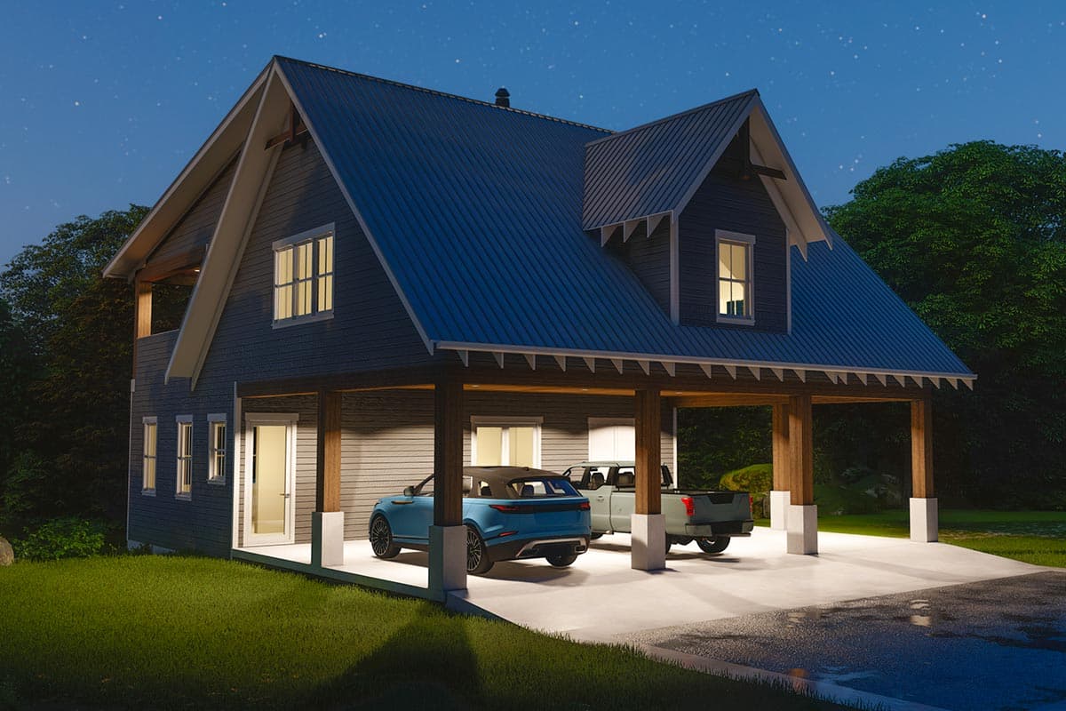 House plan exterior with steep gables, a metal roof, and a two-car porte-cochere.