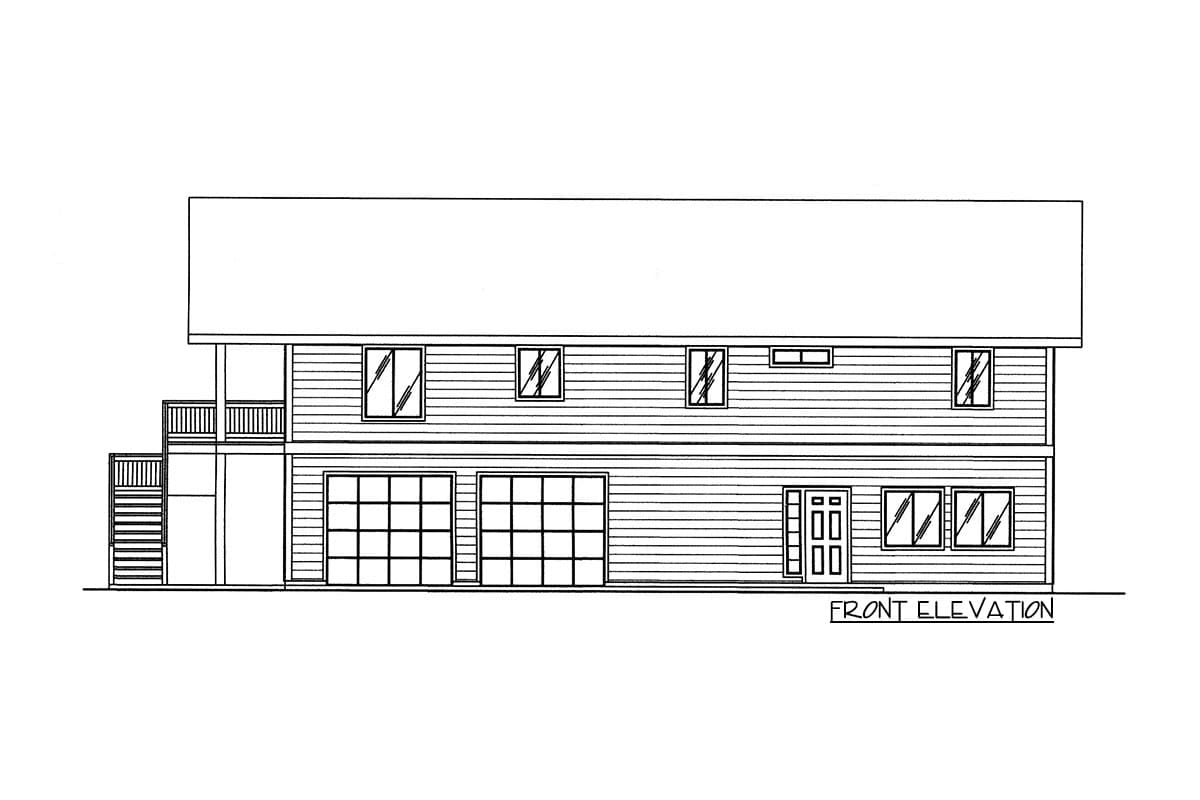 Front elevation drawing of a two-story house plan with a hip roof, two garage doors, and a central entrance.