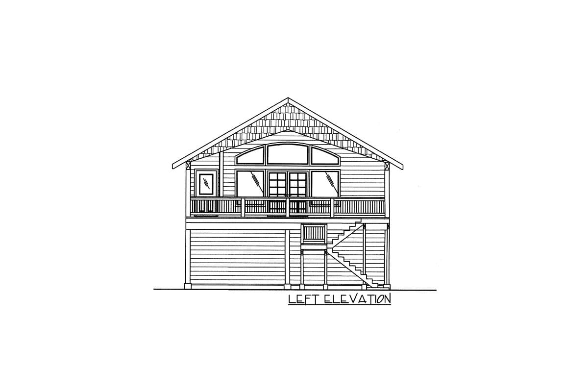 Left elevation drawing of a house plan with a wrap-around porch, large arched window group, and pitched roof.