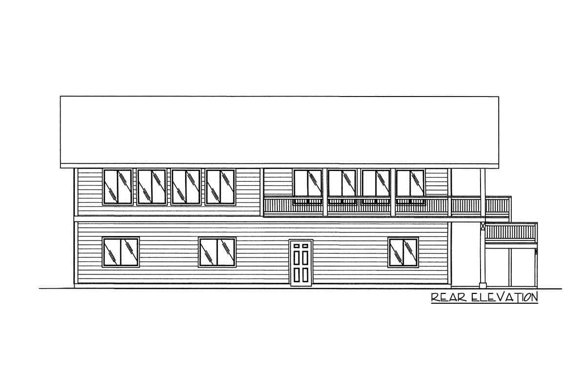 Rear elevation drawing of a two-story house with a deck, a balcony, and numerous windows.