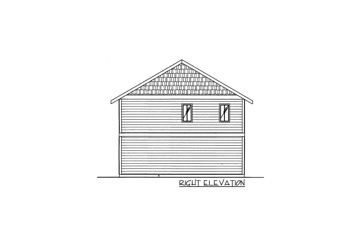 Right elevation house plan drawing showing a two-story structure with horizontal siding, two windows, and a garage.