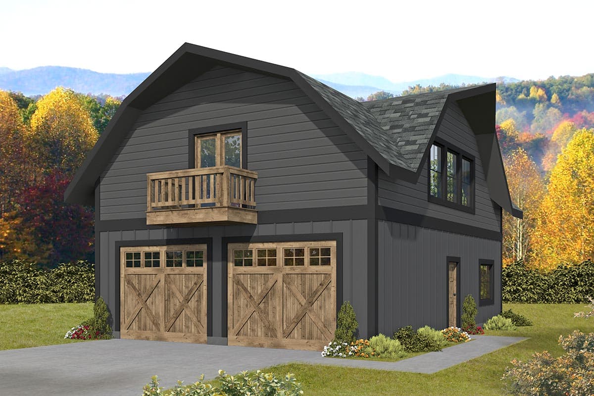 House plan exterior. Two-story structure with gable roof. Includes a balcony and two garage doors. Vertical siding with dark trim.