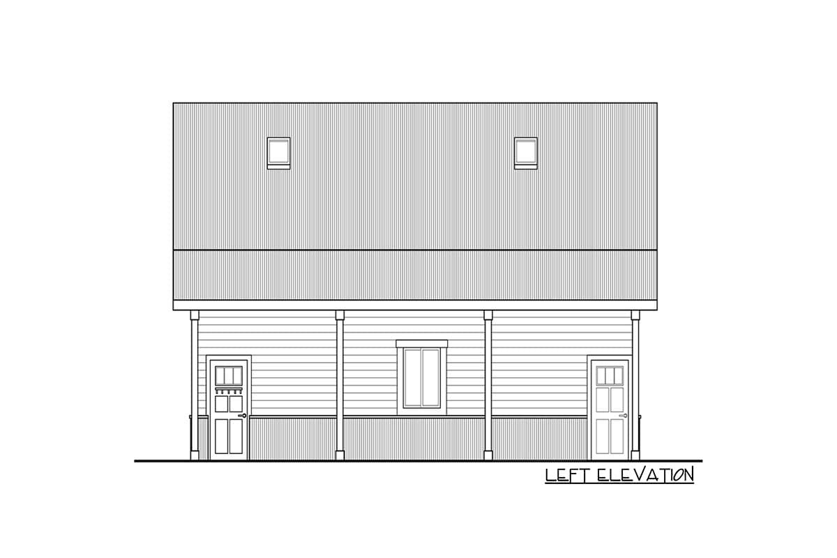 Left elevation of a house plan showing a covered porch, two doors, one window, and two dormer windows on a metal roof.