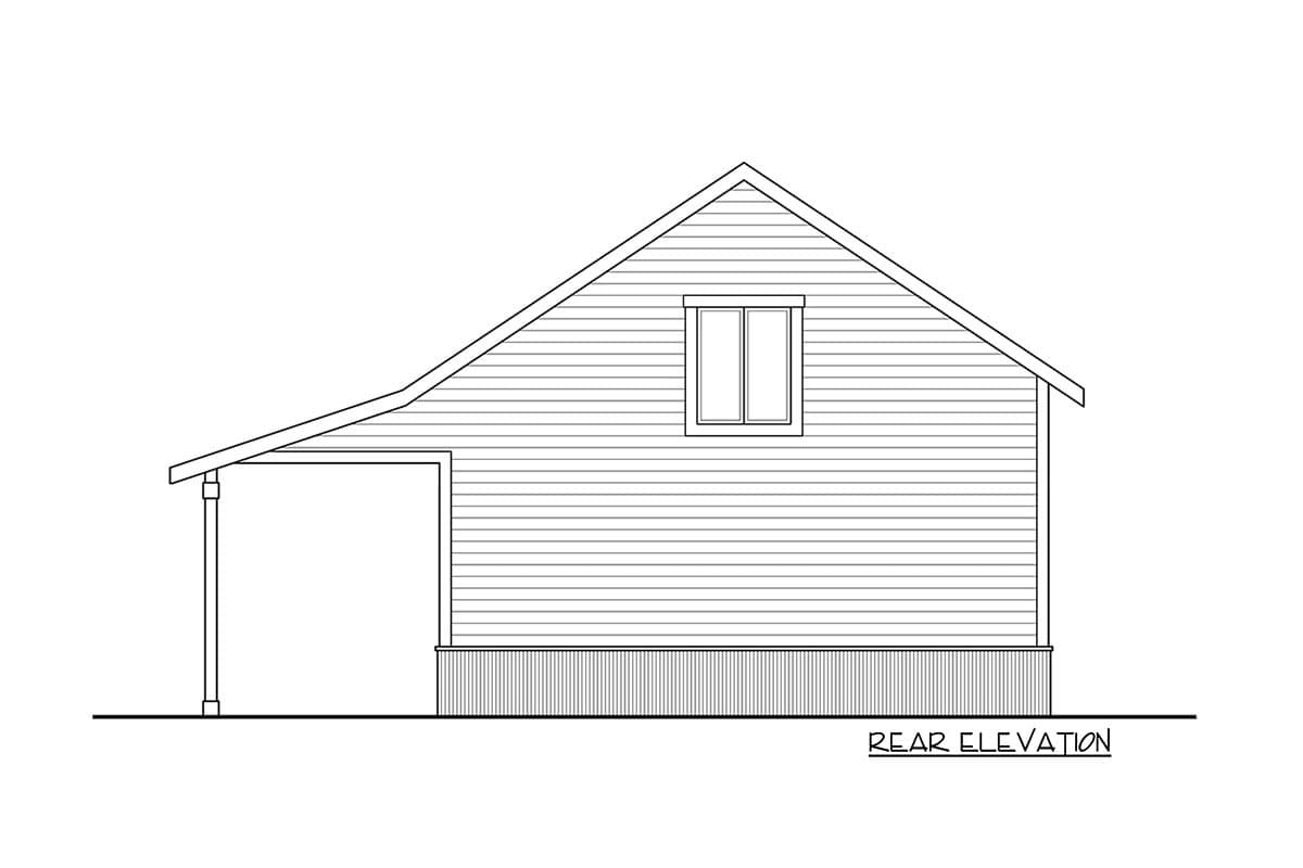 Rear elevation drawing of a house plan featuring horizontal siding, a gable roof, and a covered open carport.