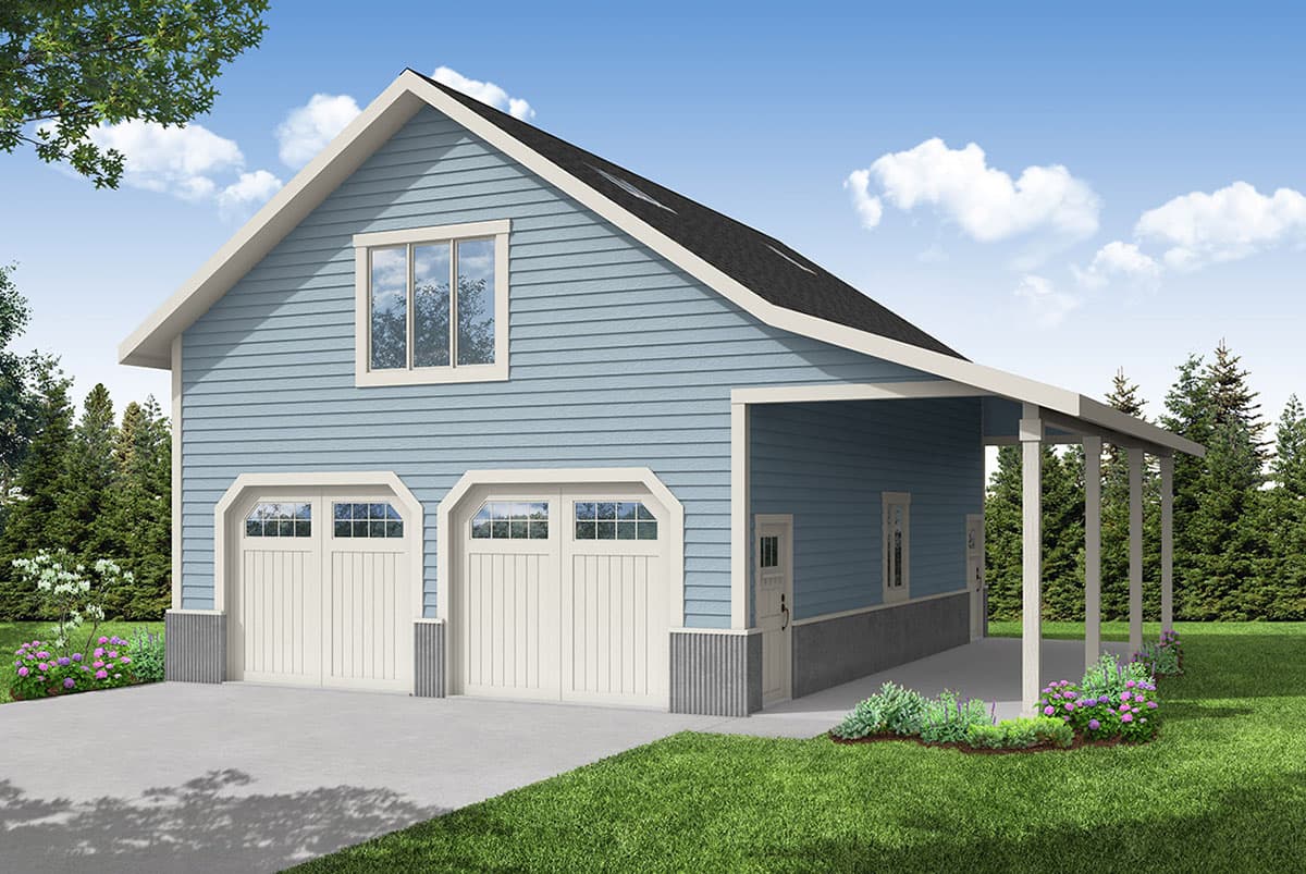 House plan exterior with two-car garage, gable roof, and attached covered porch. Features include a second-story window and lap siding.