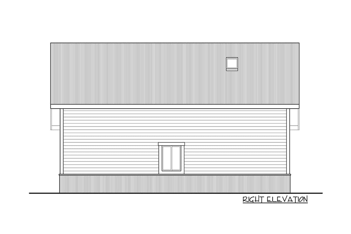 Right elevation drawing of a two-story house plan featuring horizontal siding, a standing seam metal roof, and one upper-level dormer window.