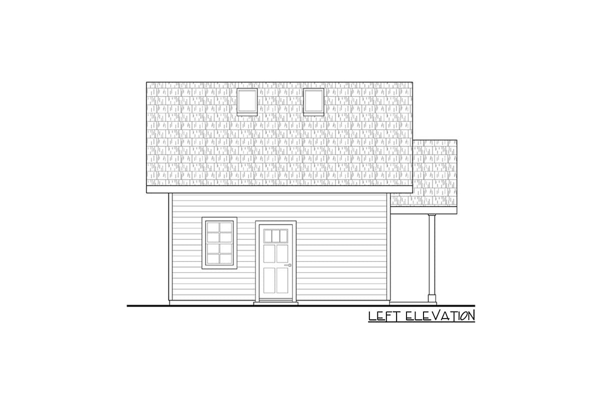 Left elevation drawing of a house plan, showing a dormer window, a rectangular window, and a door.
