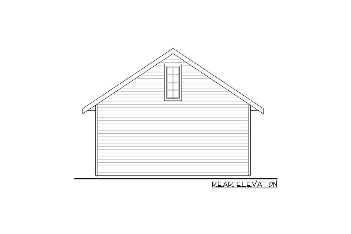 Rear elevation drawing of a house with horizontal siding and a single gable window.