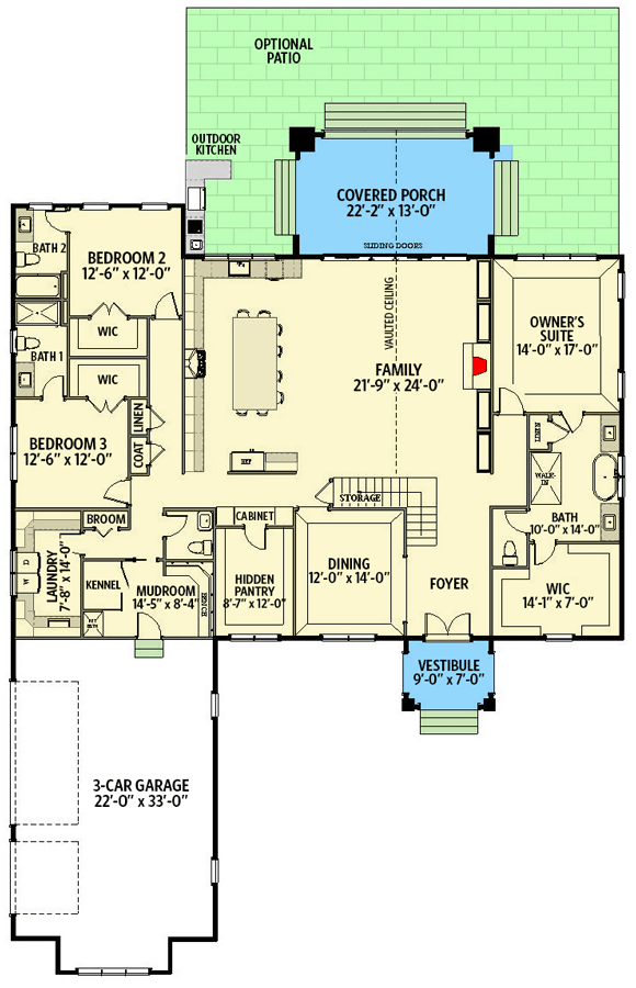 Plan 46478LA: 3600 Square Foot Transitional Farmhouse Plan with 3-Car Garage - Floor Plan - Main Level - Country, Craftsman, Farmhouse, Modern Farmhouse, New American, Southern, Transitional
