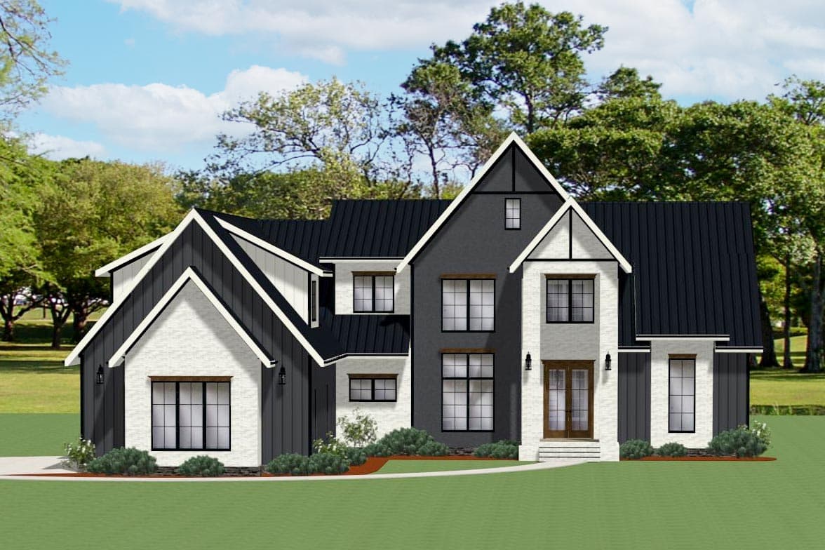 House plan exterior with two stories. Features include a gable roof, contrasting siding, and a prominent entryway with double doors.