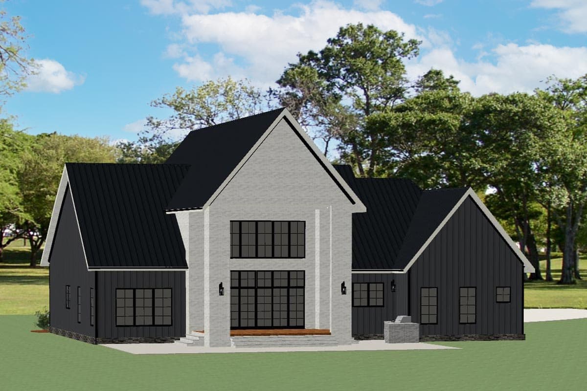 Modern house plan exterior with dark vertical siding, light brick accents, a prominent gable, and large grid windows.