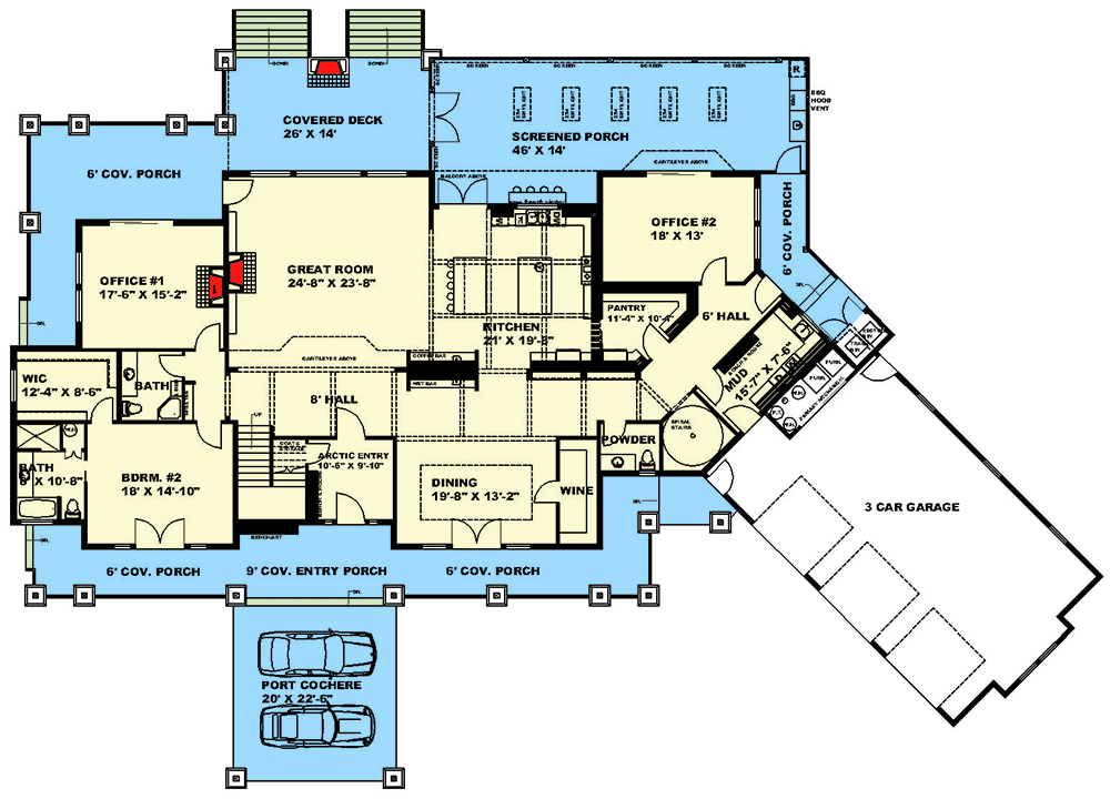 Plan 35260GH: 2-Story Mountain Craftsman Plan with Porte Cochere and Ample Outdoor Living Space - Floor Plan - Main Level - Craftsman, Mountain, Rustic