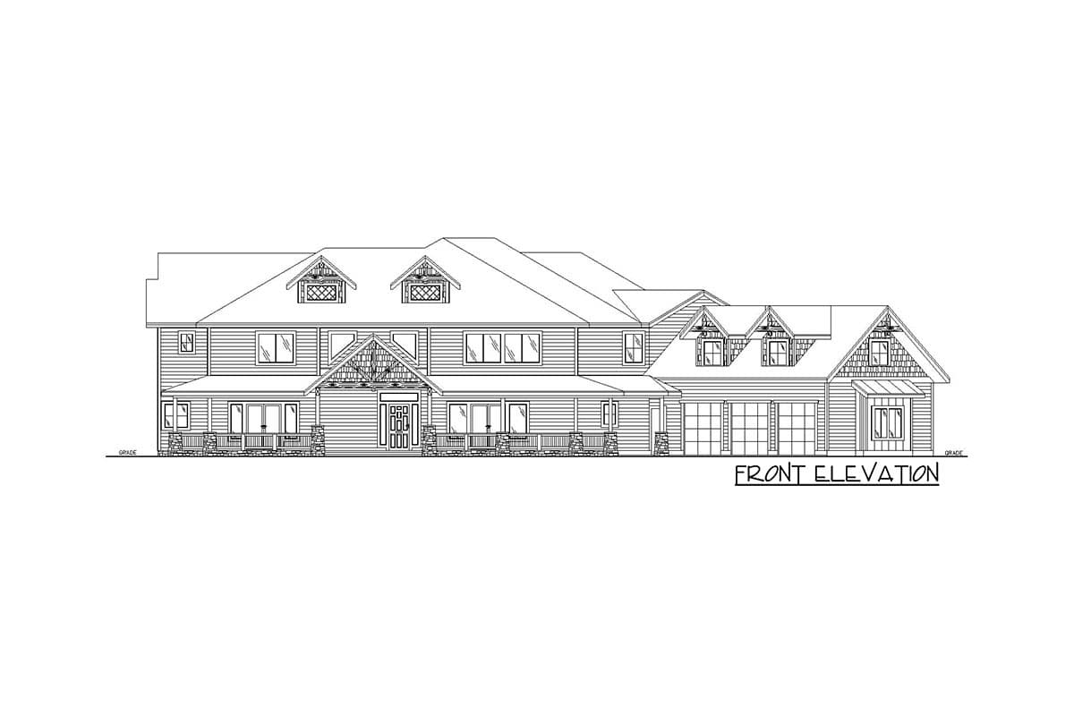 Front elevation drawing of a two-story house with a wrap-around porch, multiple gables, and a three-car garage.