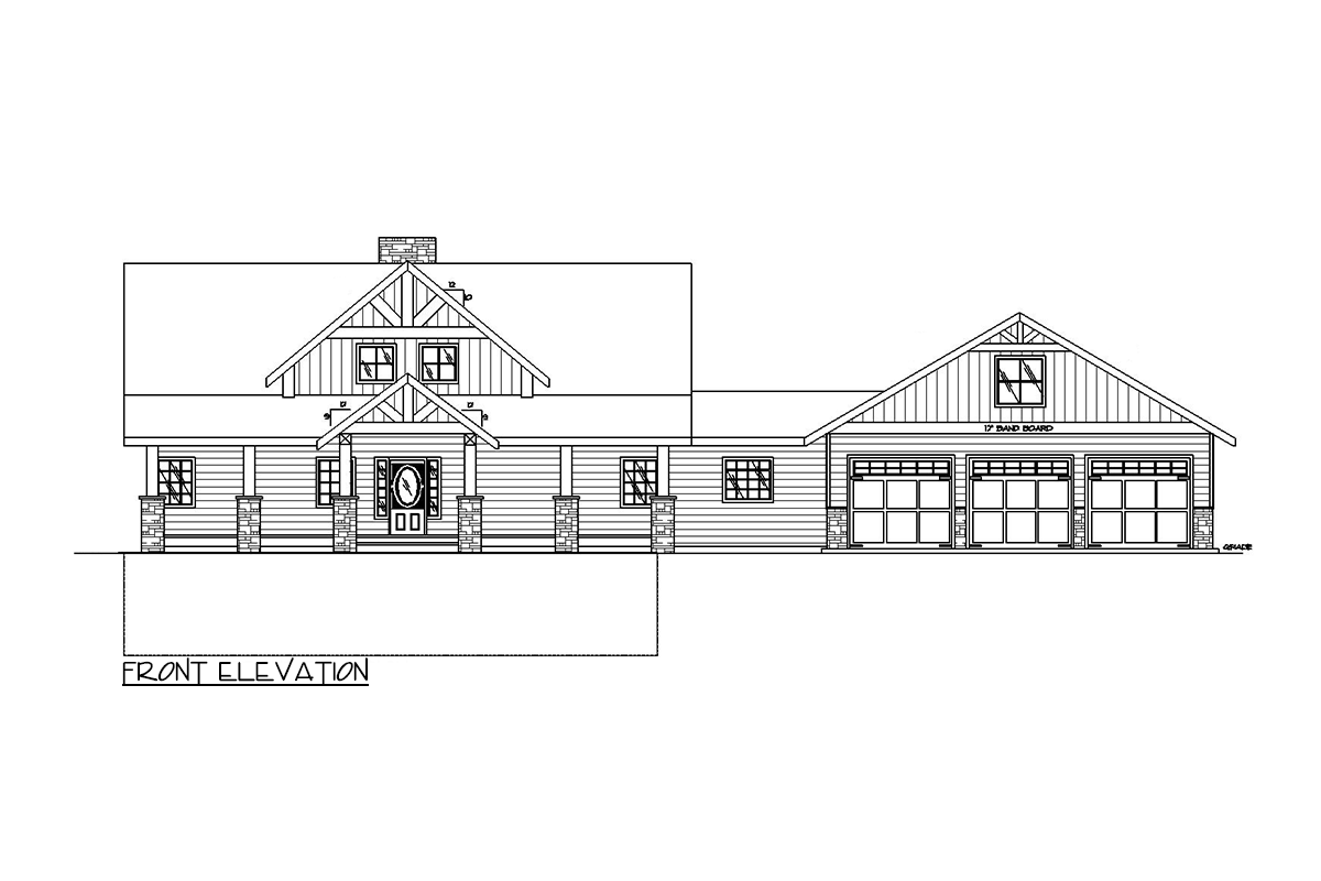 Front elevation drawing of a house plan with a covered front porch, gables, dormers, and a three-car garage.