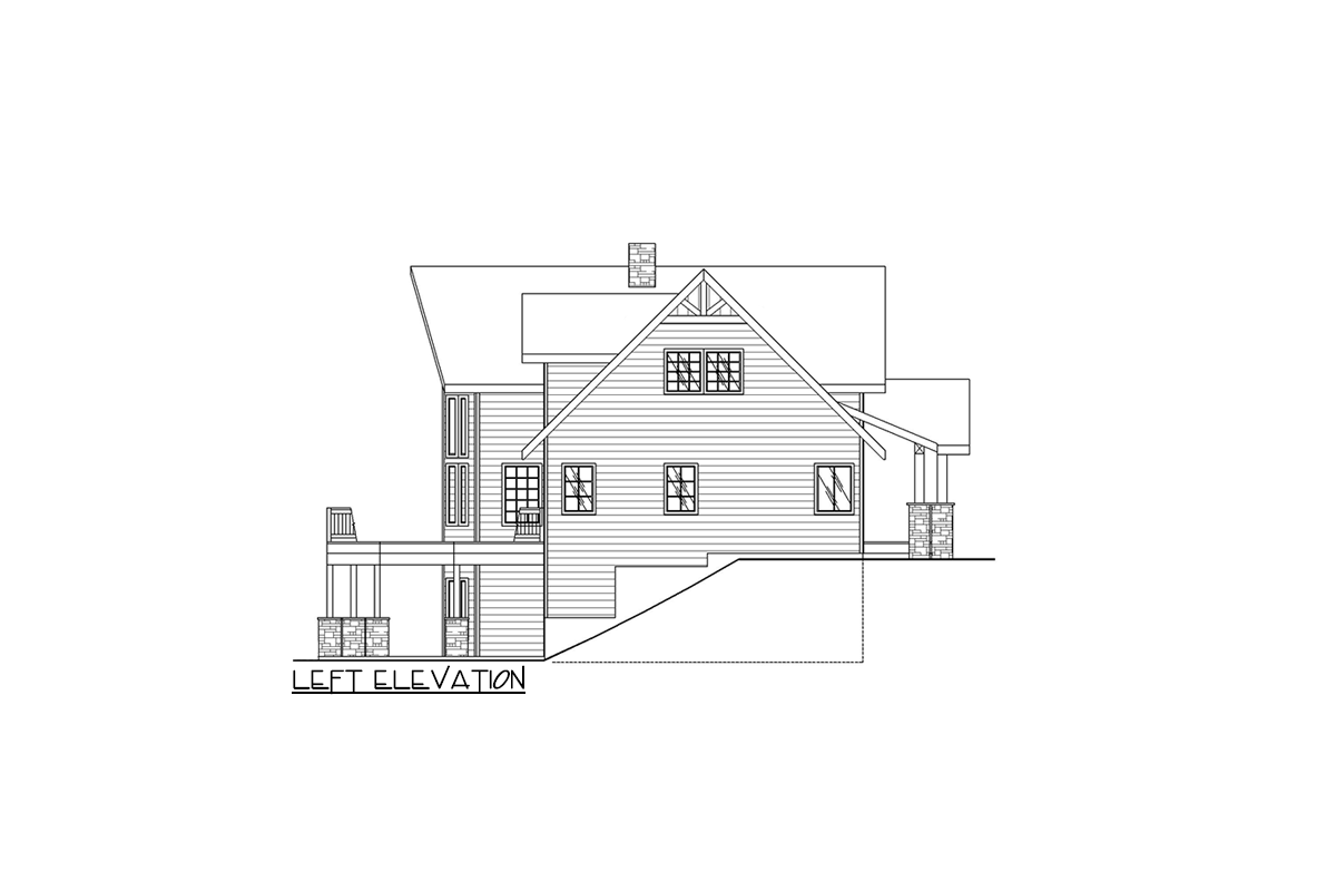 Left elevation of a two-story house plan with lap siding, gabled dormers, a chimney, and covered porches.