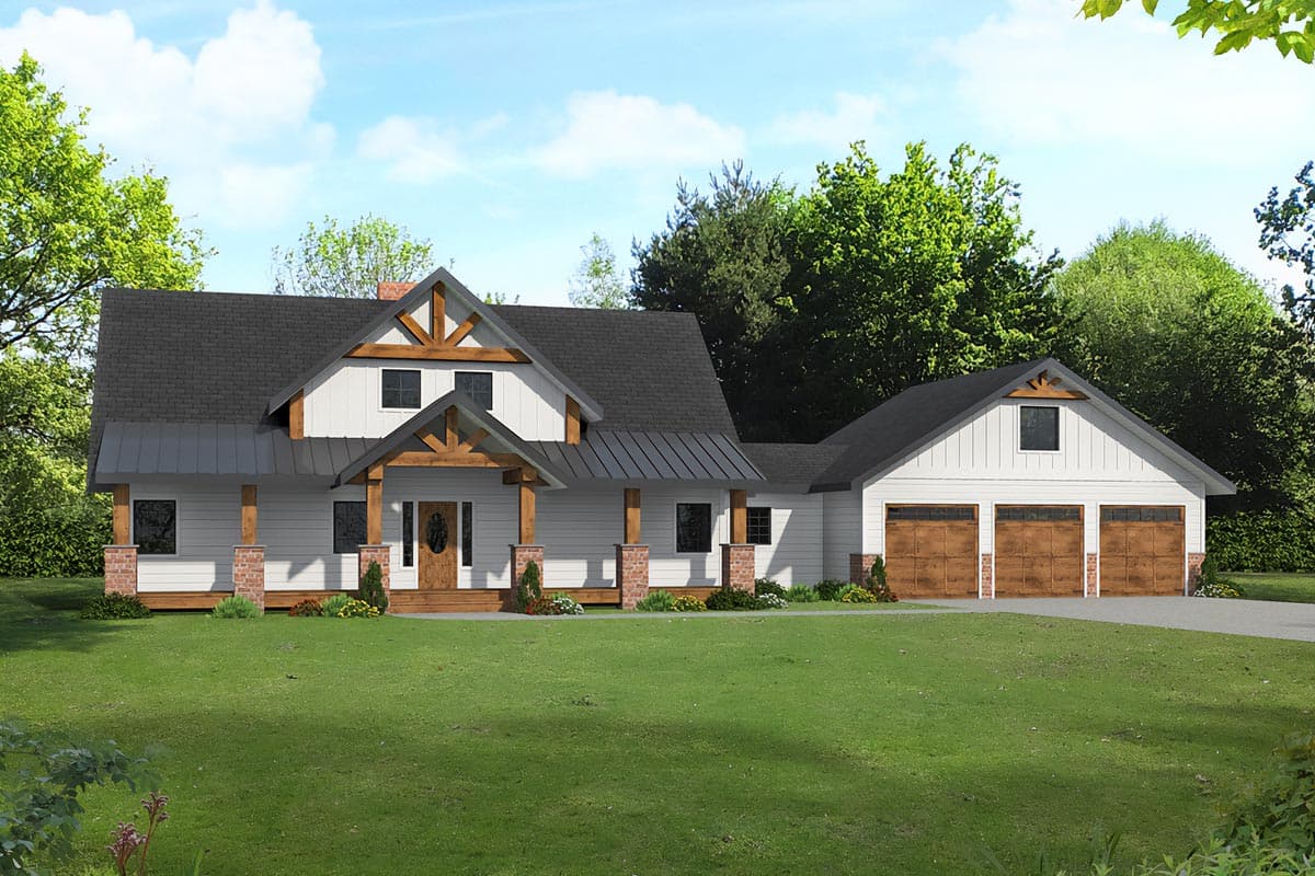 House plan exterior. Two-story Modern Farmhouse with gables, a covered porch with exposed timber supports, and a three-car garage.