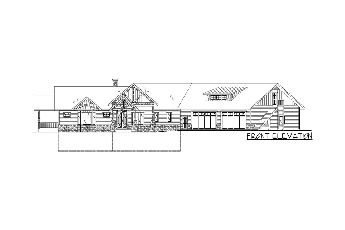 Front elevation drawing of a ranch-style house plan with a covered porch, stone base, gabled entry, and a multi-car garage.