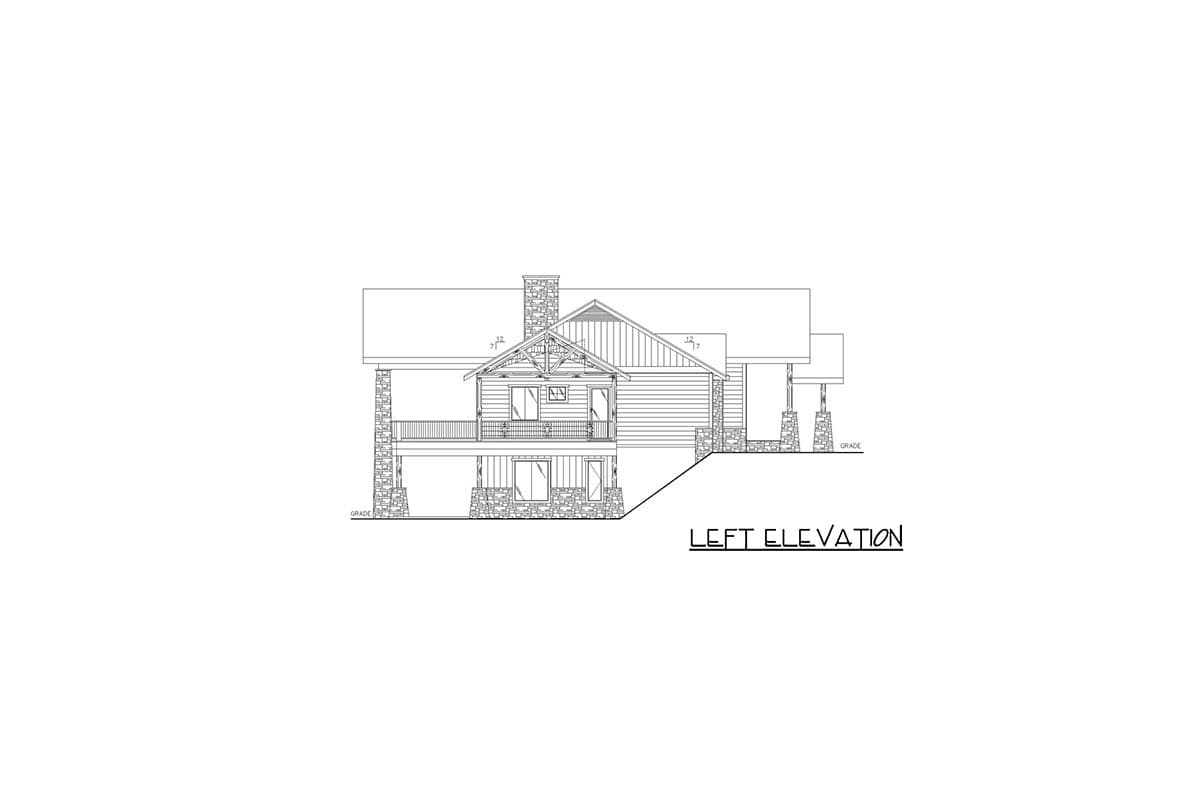 Left elevation house plan drawing showing a two-story home with stone accents, a covered deck, and gable roof.