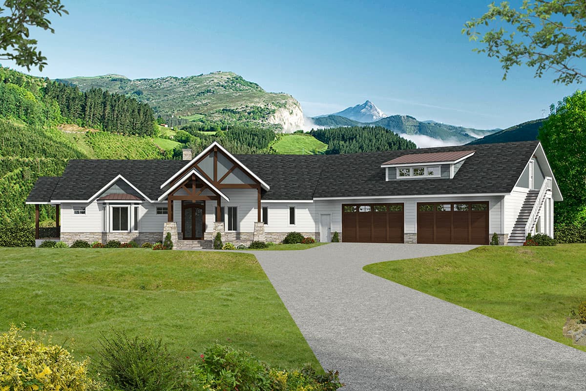 House plan exterior featuring Craftsman-style elements, with a front gable, gabled dormer, and attached garage. One story home with stone accents.