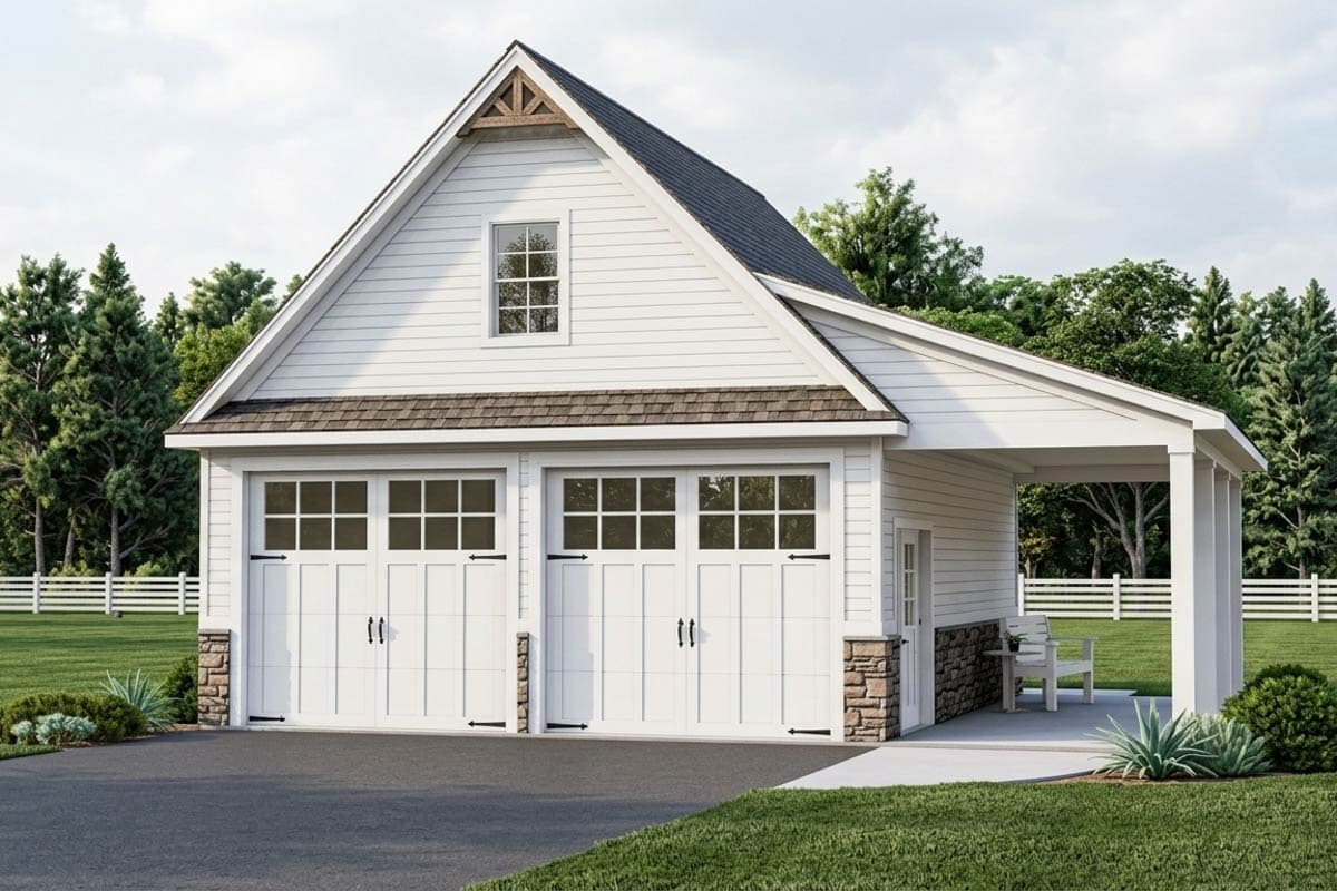 House plan exterior. Two-story structure with gable roof and a covered porch. Features include a garage with two doors, and stone facade accents.