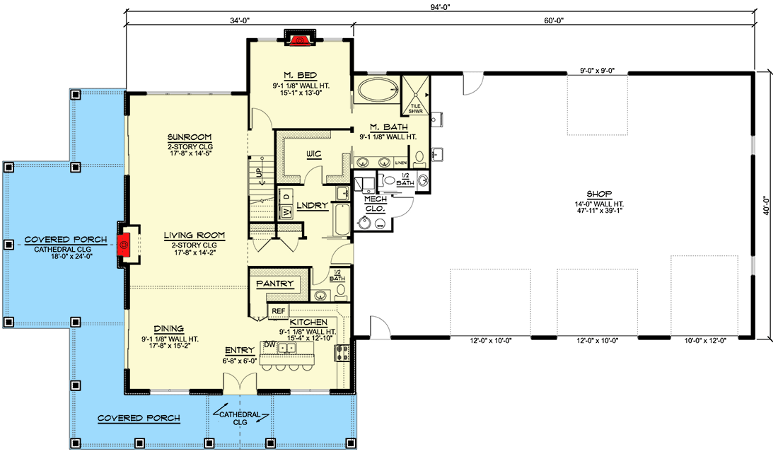 Plan 135190GRA: 2-Bed Barndo Under 3000 Square Feet with a Home Office and Sunroom - Floor Plan - Main Level - Barndominium, Country, Rustic, Traditional