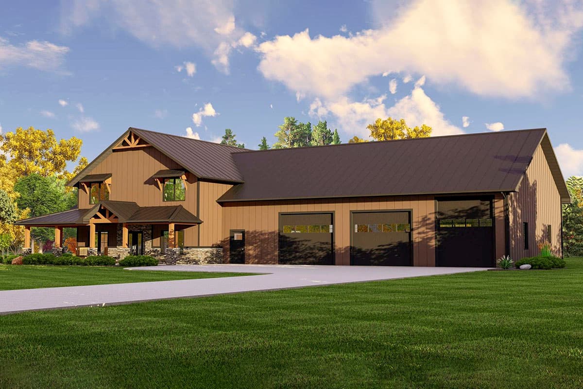 Modern Farmhouse style house plan exterior with a wraparound porch, metal roof, and a three-car garage.