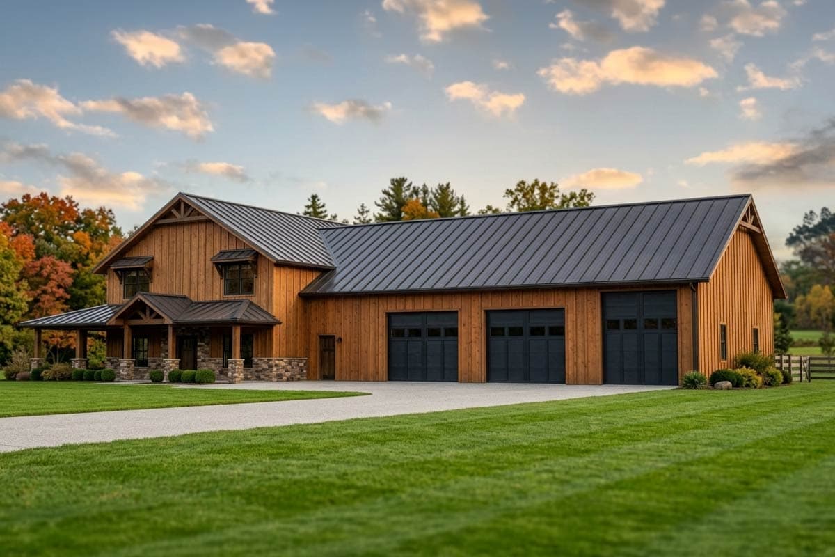 Modern Farmhouse style house plan exterior with a wraparound porch, metal roof, and a three-car garage.