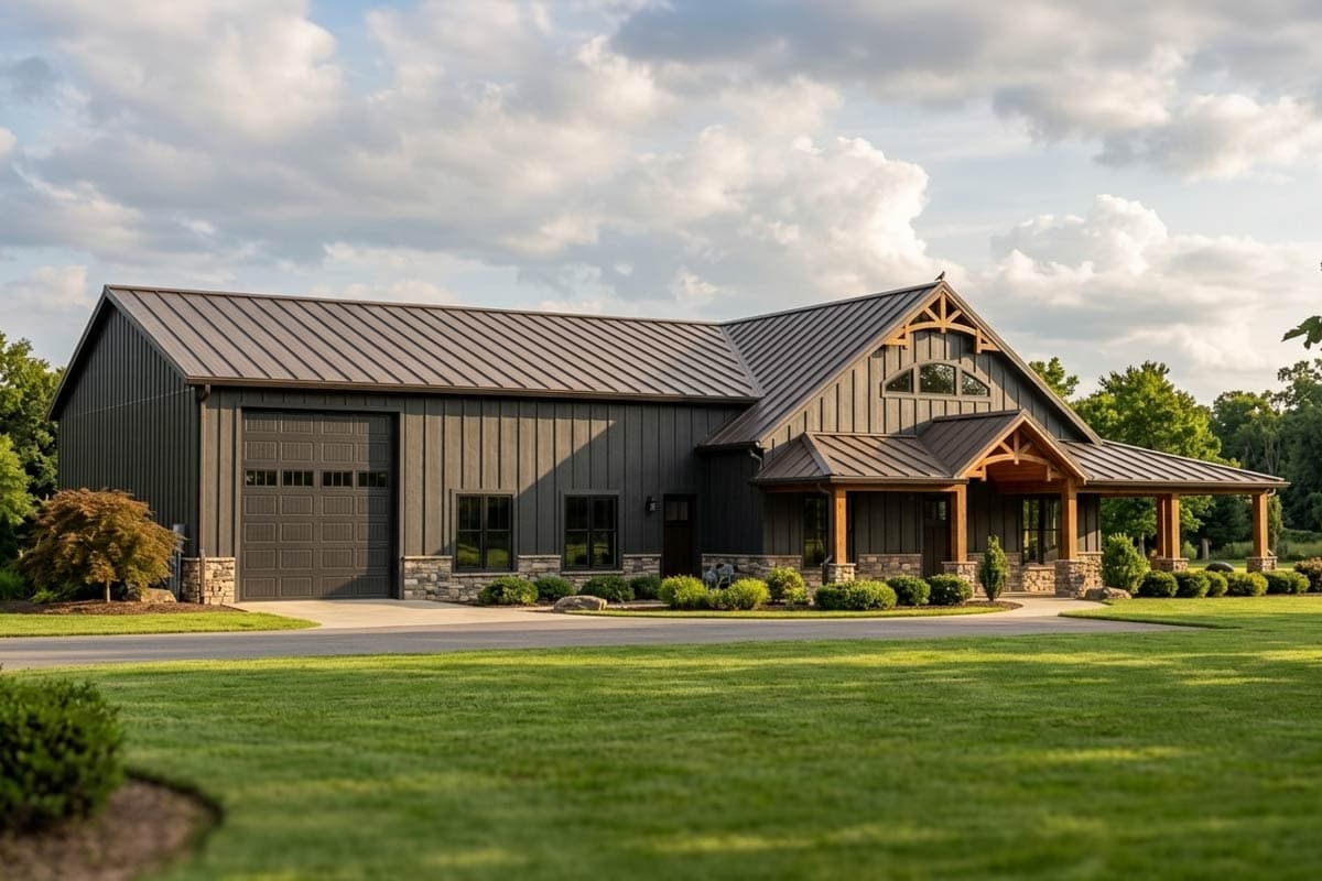 House plan exterior. Modern style with metal roof. Features include a covered porch, gable roof, and attached garage. Single story construction.