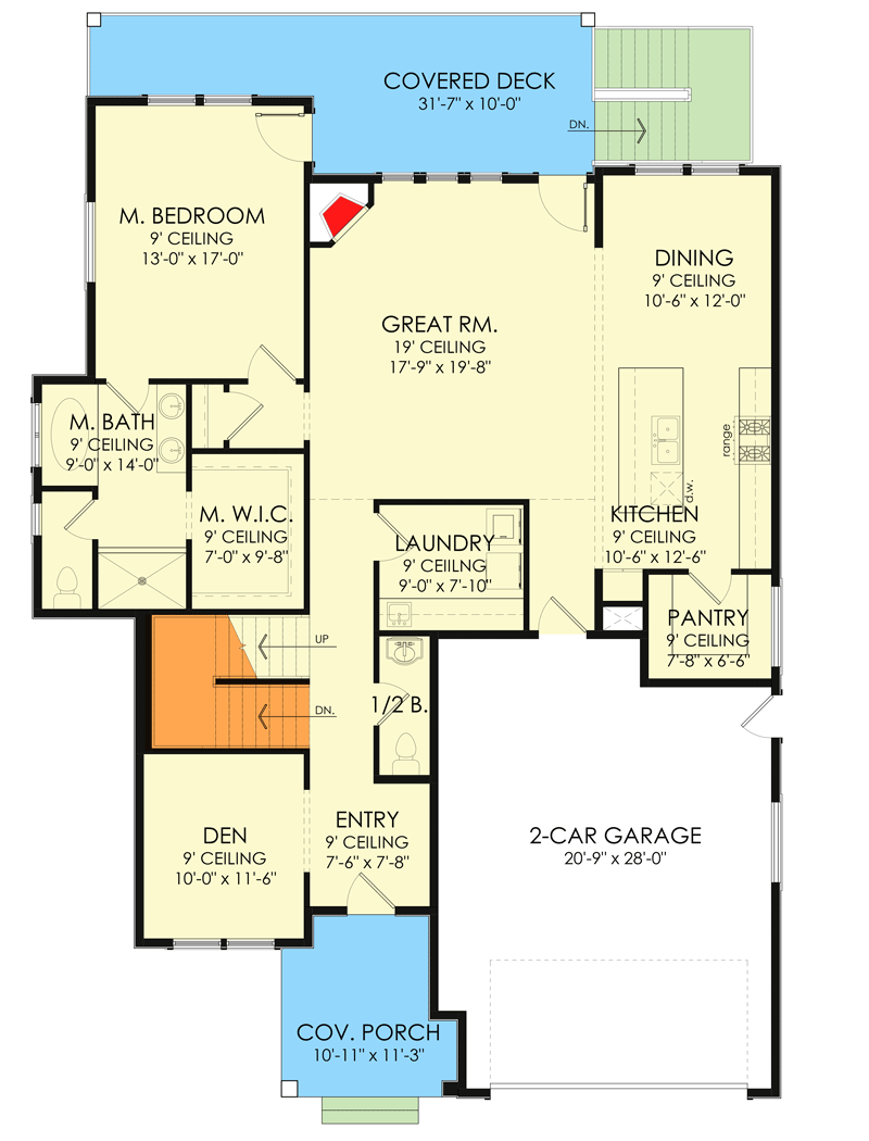 Plan 490075NAH: 2-Story 2800 Square Foot Home Plan with 2-Story Great Room - Floor Plan - Main Level - Country, Craftsman, New American, Northwest, Traditional, Transitional