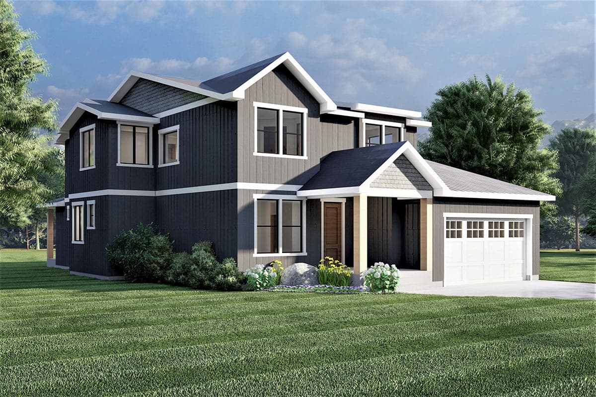 Two-story house plan exterior with dark vertical siding, white trim, multiple gables, covered entry, and attached two-car garage.