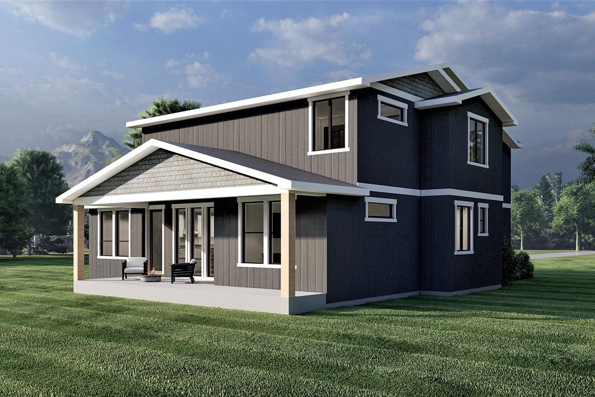 Two-story house plan exterior with gabled roof, covered porch, and multiple vertical windows.