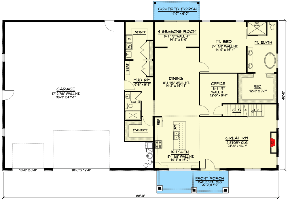 Plan 135192GRA: Barndominium with Front-Entry Garage and 2-Story Great Room - Floor Plan - Main Level - Barndominium, Country, Rustic, Southern, Vacation