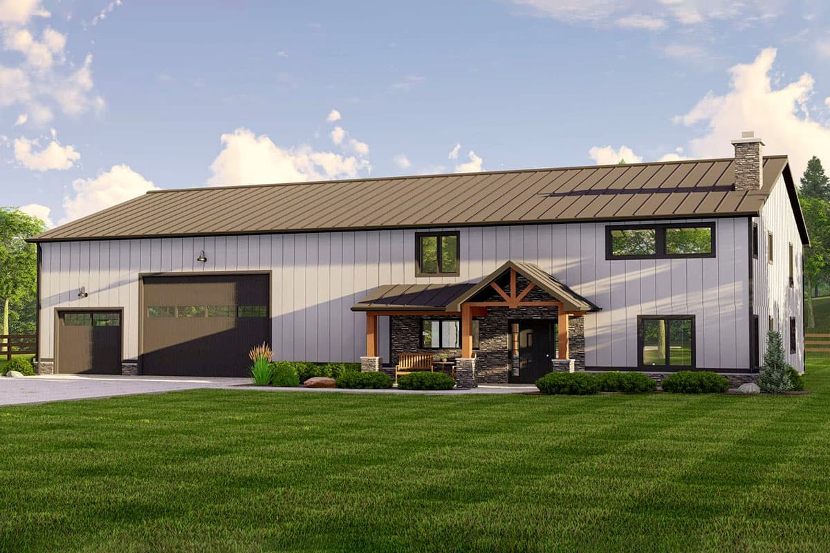 House plan exterior with two stories, a metal roof, and a covered porch. Features include a garage and stone accents.