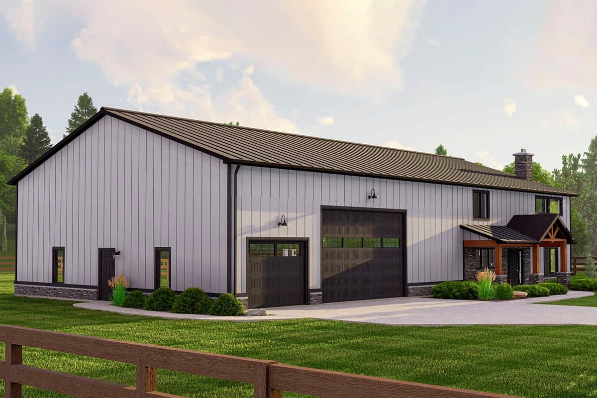 House plan exterior: Modern metal building with two garage doors, a covered entry with stone accents, and a prominent chimney.