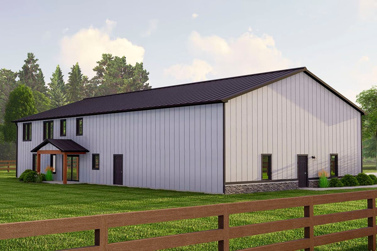 Two-story modern house plan exterior with vertical siding, dark metal roof, covered entryway, and stone foundation.