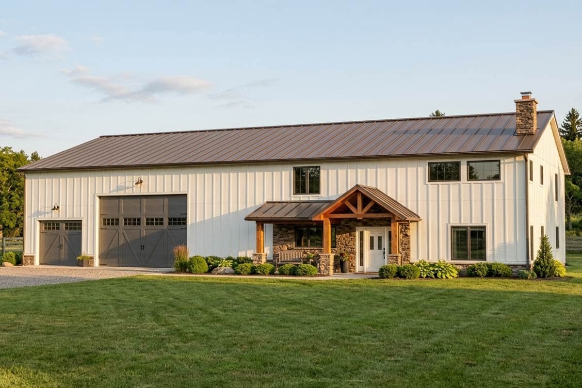 House plan exterior with two stories, a metal roof, and a covered porch. Features include a garage and stone accents.