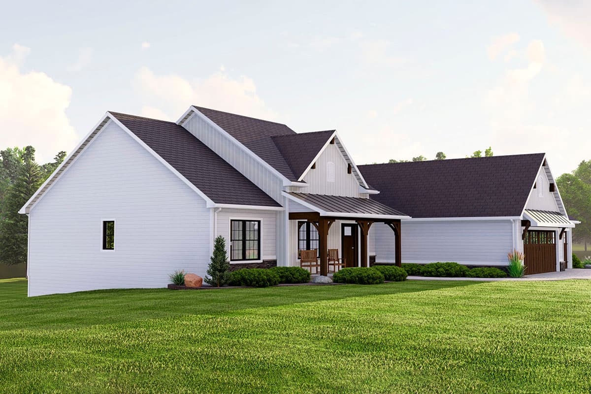 House plan exterior: Modern Farmhouse style, one story, with gable dormers, metal roof porch, and attached garage.
