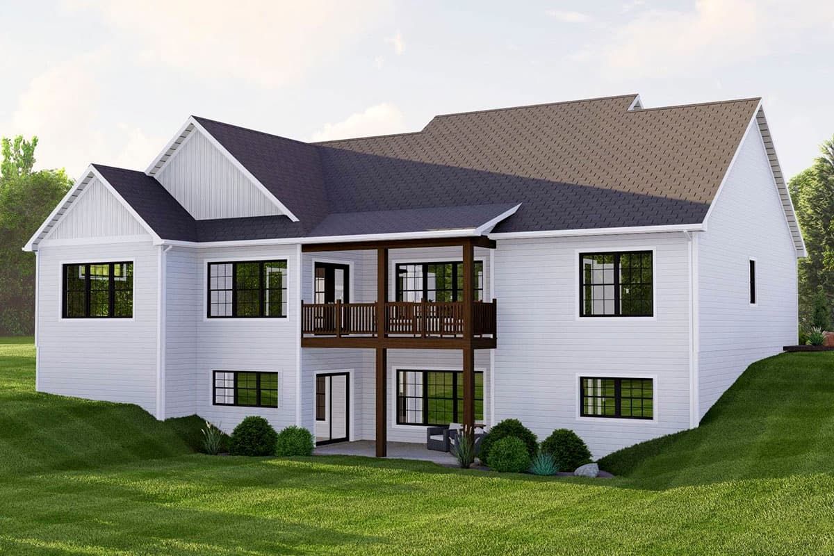 House plan exterior of a two-story Modern Farmhouse with a covered deck, gables, and white siding.