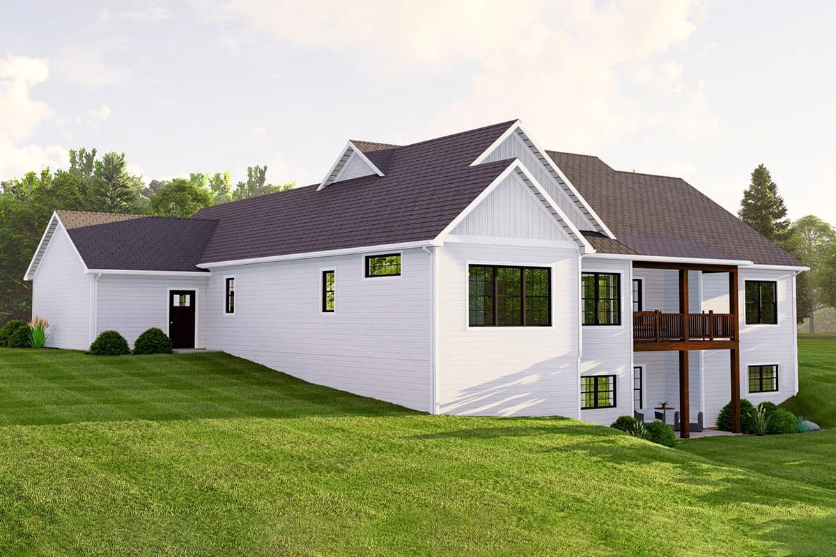 House plan exterior: Modern Farmhouse style, two stories, white siding, prominent gables, and covered deck on rear.