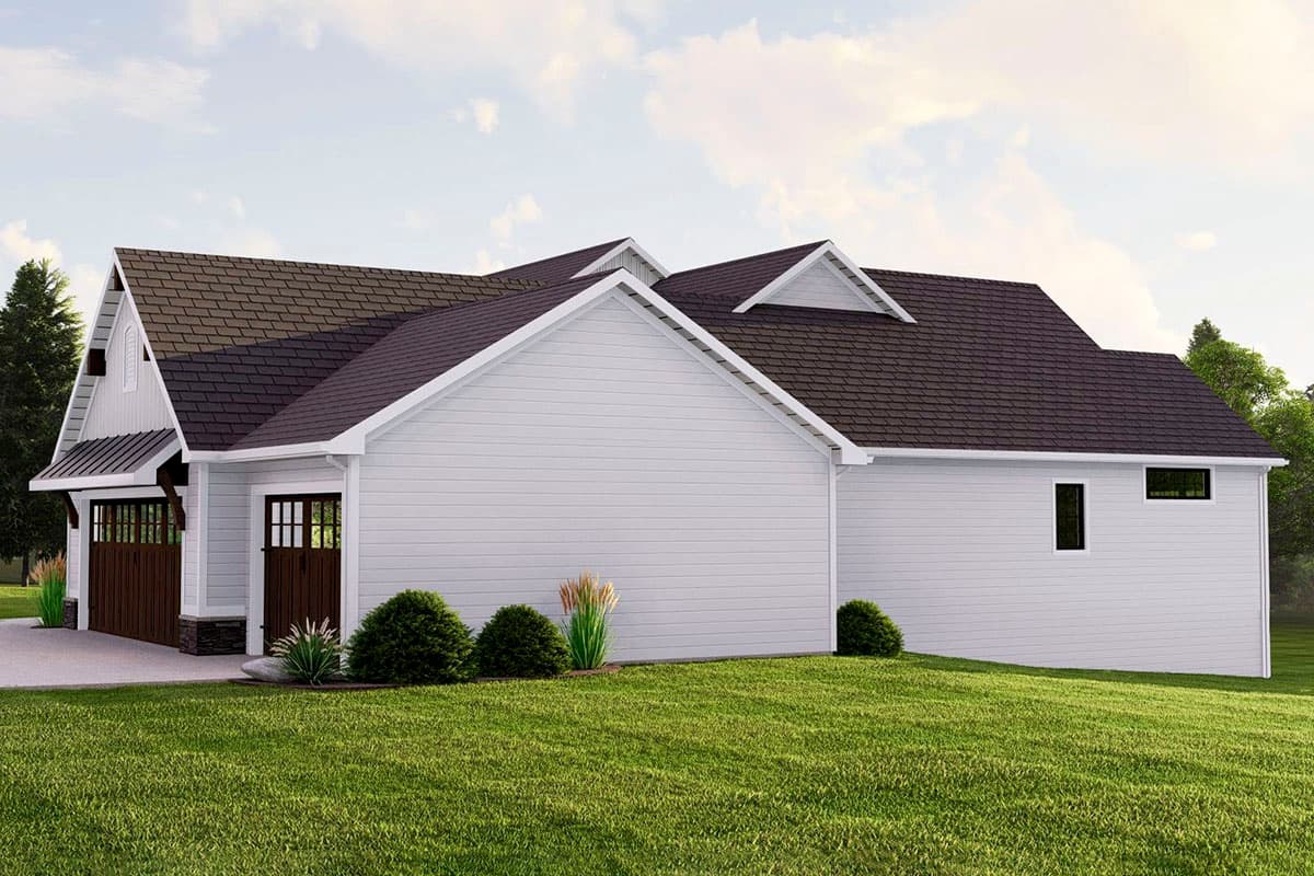 House plan exterior of a two-story Modern Farmhouse with a side-entry garage, gables, and dormers.