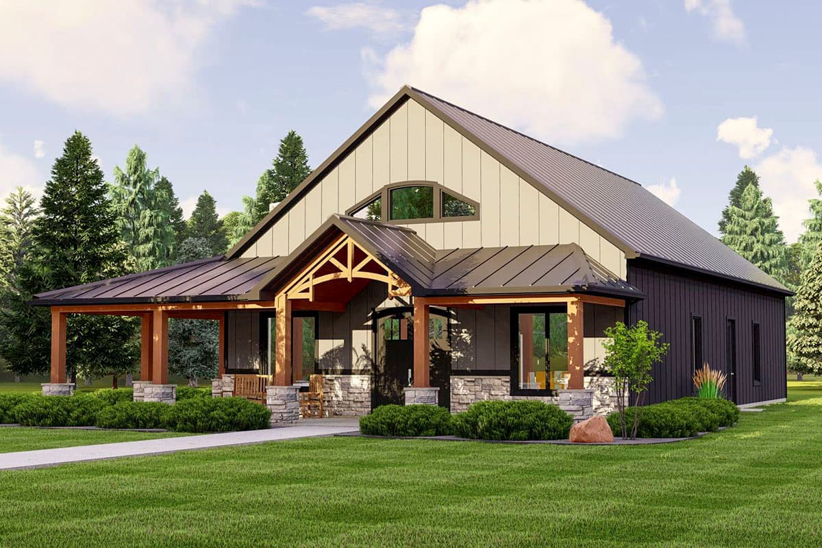 House plan exterior. Modern Farmhouse style with a single story, a covered porch with exposed timber supports, and a gabled roofline.